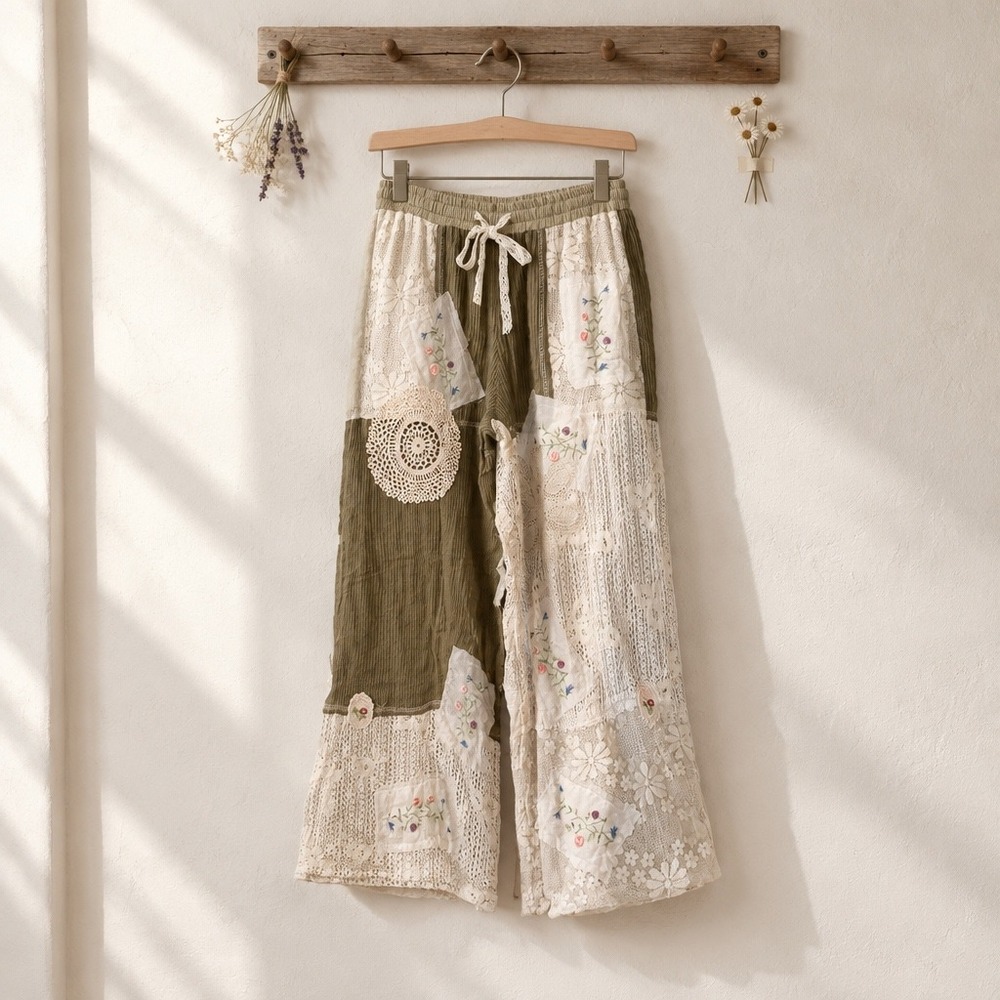 POL Med Boho Patchwork Wide Leg Pants Lace Floral Embroidery Olive Green Cream